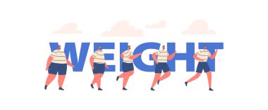 Slimming, Weight Loss of Men Concept. Fat Male Character Walk and Run, Transformation Stages of Obese Man
