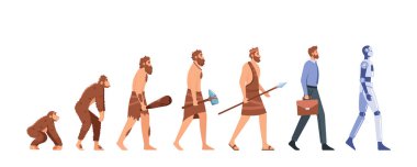 İnsan evrimi, Maymundan Sayborg Zaman Çizgisi 'ne Beyaz Arkaplan' da izole edildi. Erkek Karakteri Evrim Adımları, Darwin Teorisi