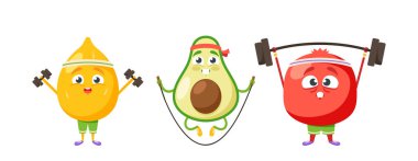 Meyve Karakterleri Lemon, Avokado ve Garnet Spor Egzersizleri. Komik Sporcular Çocuk Menüsü, Vitamin Yiyecekleri
