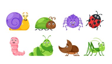 Şirin Böcekleri Çizgi Film Karakterleri Ayarla. Salyangoz, Örümcek, Böcek, Uğurböceği ve Toprak Kurdu. Tırtıl, Gergedan Böcek, Çim Dükkanı