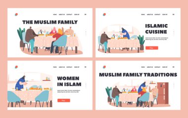 Müslüman Aile Gelenekleri İniş Şablonu. Geleneksel Şenlik Yemeği, Arap Karakterleri İftar Birlikte Oturur