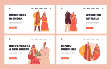 Geleneksel Hint Çiftleri Düğün Şablonu Şablonu. Mutlu Damat ve Gelin Karakterleri Şenlikli Giyin