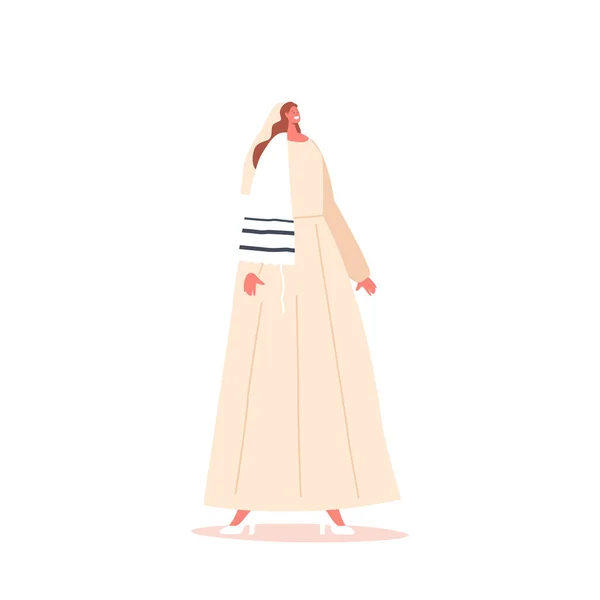 Ευτυχισμένη Εβραία νύφη Γυναικείος χαρακτήρας σε μακρύ φόρεμα που απομονώνεται σε λευκό φόντο. Τελετή γάμου, γάμος — Διανυσματικό Αρχείο