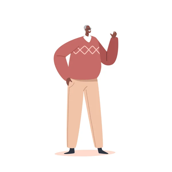 Hombre mayor africano positivo, abuelo maduro, personaje masculino desgaste suéter marrón aislado sobre fondo blanco — Vector de stock