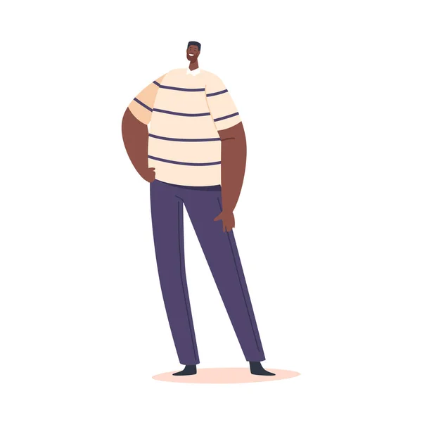 Zwarte Single Man Karakter Draag Gestreepte T-Shirt en Blauwe Broeken Geïsoleerd op Witte Achtergrond. Positieve Afrikaanse Man — Stockvector