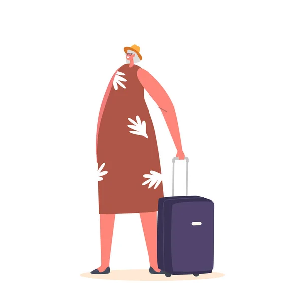 旅行中のシニア観光女性キャラクター,外国で荷物と一緒に旅行する高齢女性,高齢年金受給者女性 — ストックベクタ