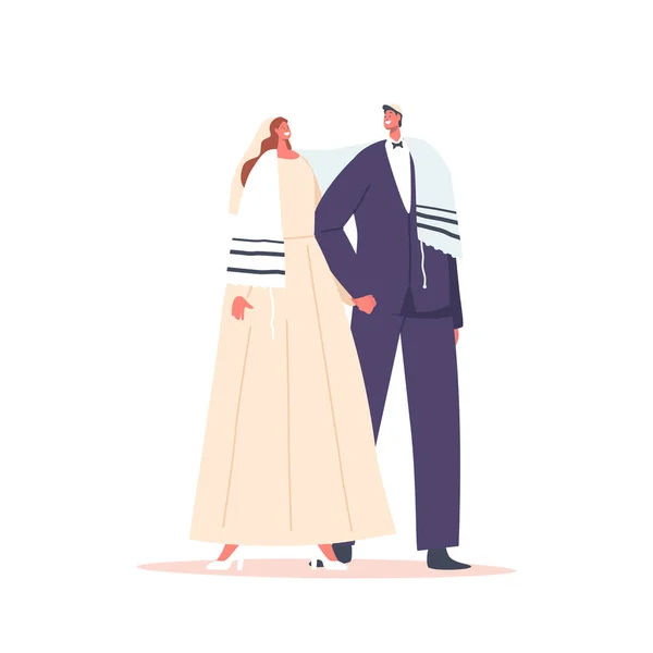 Современная еврейская церемония бракосочетания, жених в костюме и невеста в белом платье — стоковый вектор