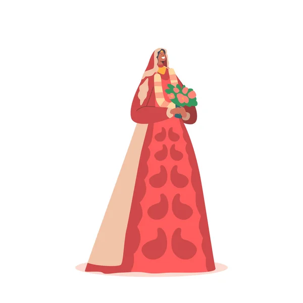 Happy Indian Bride Character in Long Red Dress with Bouquet Isolated on White Background (англійською). Весільна церемонія в Індії — стоковий вектор