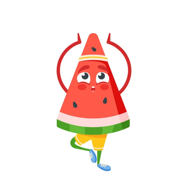 Funny Watermelon Slice Cartoon Character auf Yoga oder Pilates Sport. Comicfigur, süßes Fruchtmaskottchen in Yogi-Pose — Stockvektor
