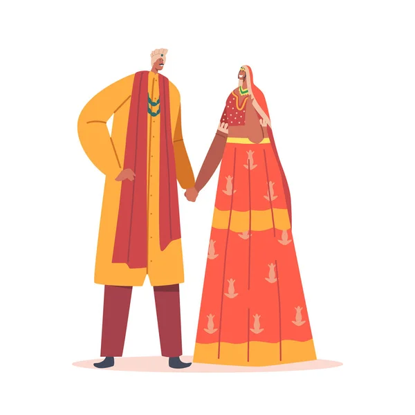 Pasgetrouwde Indiase man en vrouw dragen mooie gouden en rode feestelijke jurken vieren bruiloft ceremonie — Stockvector