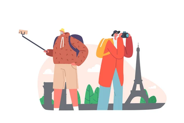 Gepensioneerden Reizigers, Senior Toeristen kijken sightseeing en het maken van foto 's of Selfie in Trip. Ouderen op reis — Stockvector