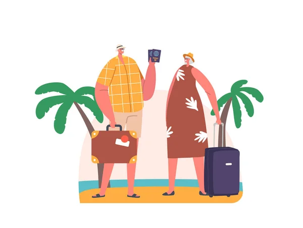Ηλικιωμένοι τουρίστες επισκέπτονται ζευγάρι στην Εξωτική Χώρα. Χαρακτήρες Γηραιών και Ανδρών με Αποσκευές και Διαβατήρια στο Ταξίδι — Διανυσματικό Αρχείο