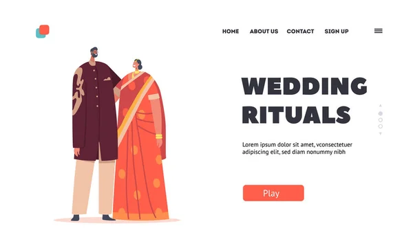 Wedding Rituals Landing Page Template. Indian Couple Marriage Celebration, Happy Smiling Groom and Bride Characters — Stock vektor