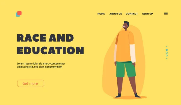 Race and Education Landing Page Sablon. Boldog kis afrikai fiú hosszú ujjú és rövidnadrágot visel. Fekete Gyermek karakter — Stock Vector