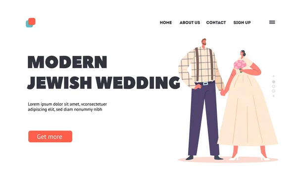 Modern Jewish Couple Marriage Celebration Landing Page Template. Happy Bearded Groom and Bride Characters Wedding — Wektor stockowy