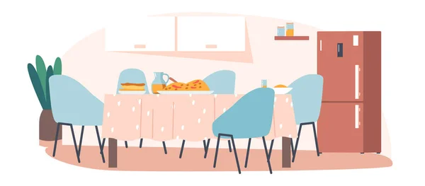 Intérieur de cuisine vide avec table en bois recouverte de nappe, d'ustensiles, de nourriture et de chaises debout devant la fenêtre — Image vectorielle