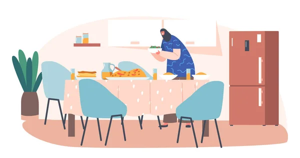 Cena di servizio del personaggio femminile musulmano sul tavolo. Arabo donna indossare nazionale hijab mettere pasti su cucina tavolo a casa — Vettoriale Stock