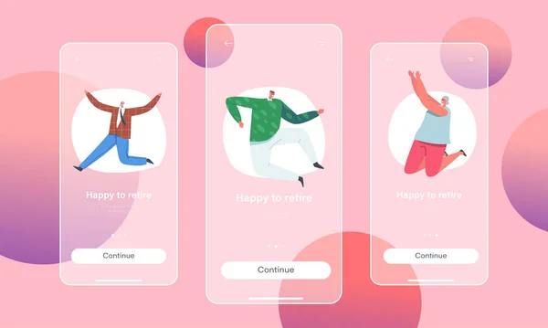 Happy Senior People Jumping Mobile App Page Onboard Screen Template. Aged Characters Jump and Laugh and Joy Concept — Archivo Imágenes Vectoriales