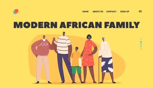Big Happy Modern African Family Landing Page Template. Charaktere Eltern, Großeltern und Kinder stehen zusammen — Stockvektor