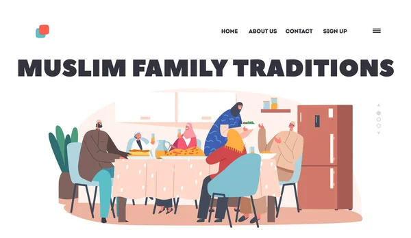 Moslim Familie Tradities Landing Page Template. Traditionele Feestelijke Diner, Arabische karakters Eten Iftar Zit aan tafel — Stockvector