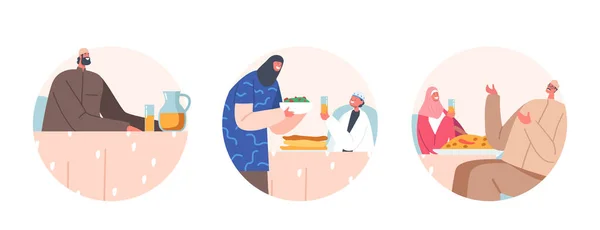 Ramadan Holiday Celebration Round Icons. Traditional Arab Family Old and Young Characters Eat Ifthar Sitting at Table — Wektor stockowy