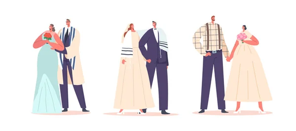 Ställ judiska par bröllop ceremoni, samtida jude brudgum och brudkaraktär bära festliga kläder, moderna nygifta — Stock vektor