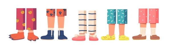 Piernas para niños en pijama y zapatillas divertidas. Niños Pies Use coloridos pantalones caseros y patas de animales, calzado textil — Vector de stock