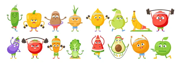 Frutas e personagens vegetais Esporte Exercícios. Batata, pepino, repolho chinês, pimentão, tomate e cenoura — Vetor de Stock