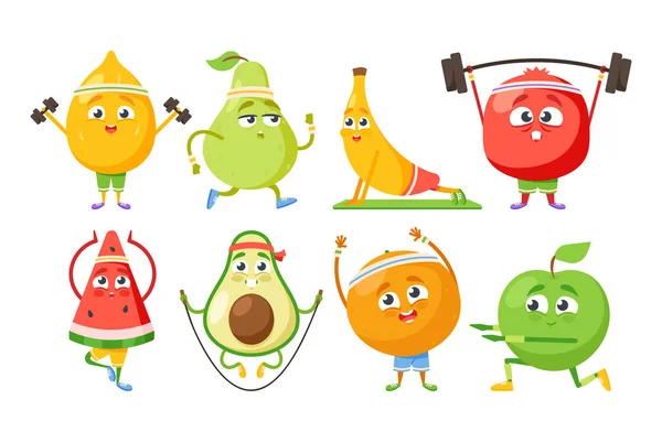 Definir personagens de frutas engraçadas Esporte Exercícios. Limão, pêra, banana e granada, melancia, abacate e laranja com maçã — Vetor de Stock