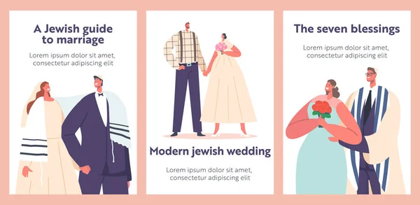 Jewish Couples Wedding Ceremony Banners, Contemporary Jew Groom and Bride Characters Wear Festive Clothes — стоковый вектор