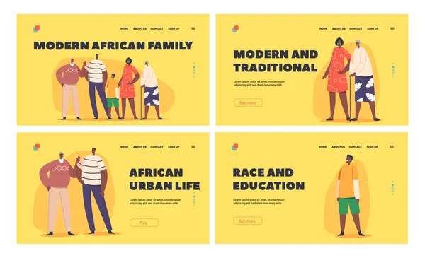 现代非洲家庭登陆页面模板集。家长、祖父母和子女站在一起 — 图库矢量图片