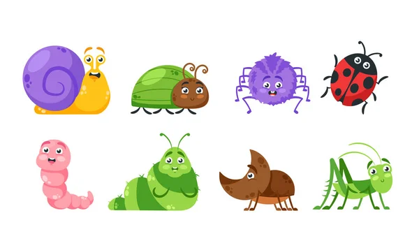 Set Cute Insects Cartoon Characters. Snail, Spider, Bug, Ladybug and Soil Worm. Caterpillar, Rhinoceros Beetle, Grasshop — стоковый вектор