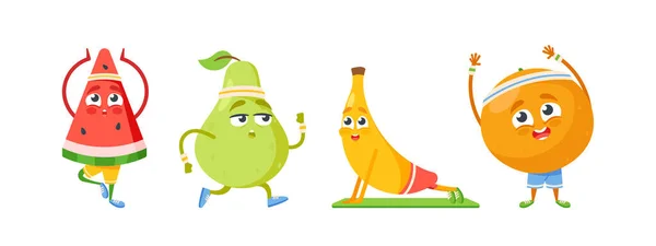 Fruchtcharakter Sport-Übungen und Yoga-Meditation. Funny Birne, Banane, Wassermelone und Orange Sportler — Stockvektor