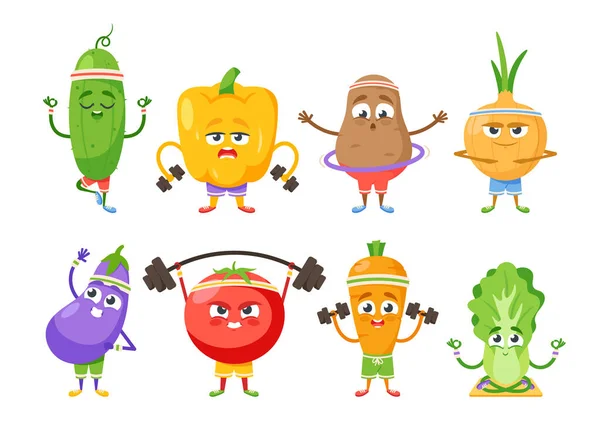 Αθλητικές ασκήσεις με χαρακτήρες λαχανικών. Πατάτα με στεφάνι, αγγούρι και κινέζικα λάχανα γιόγκα, αστεία πιπεριά, ντομάτα — Διανυσματικό Αρχείο