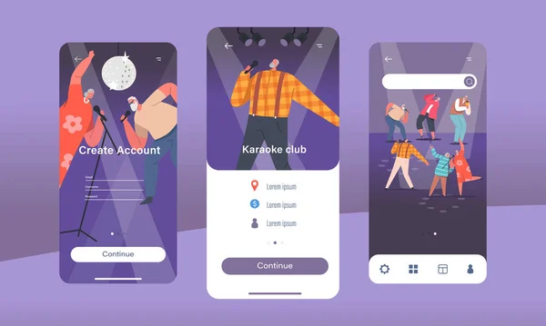 Gamla människor sjunger i Karaoke Club Mobile App Page Onboard Screen Mall. Senior tecken sjunger med mikrofoner — Stock vektor