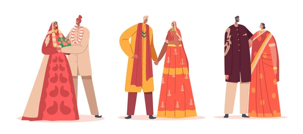 Uppsättning traditionella indiska par fira bröllopsceremoni. Glad brudgum och brud tecken bära festliga kläder — Stock vektor