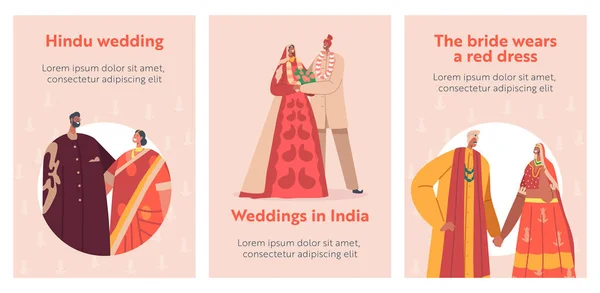 Traditionele Indiase echtparen vieren de huwelijksceremonie Banners. Happy Groom en bruid personages dragen feestelijke kleding — Stockvector
