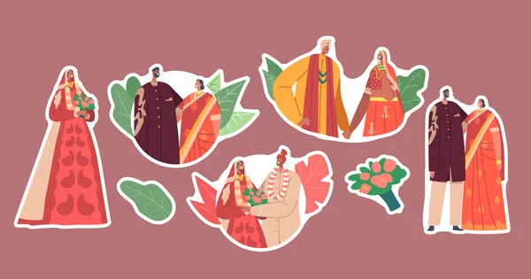 Set of Stickers Traditional Indian Couples Celebrate Wedding Ceremony. Happy Groom and Bride Wear Festive Clothes — Stockvektor