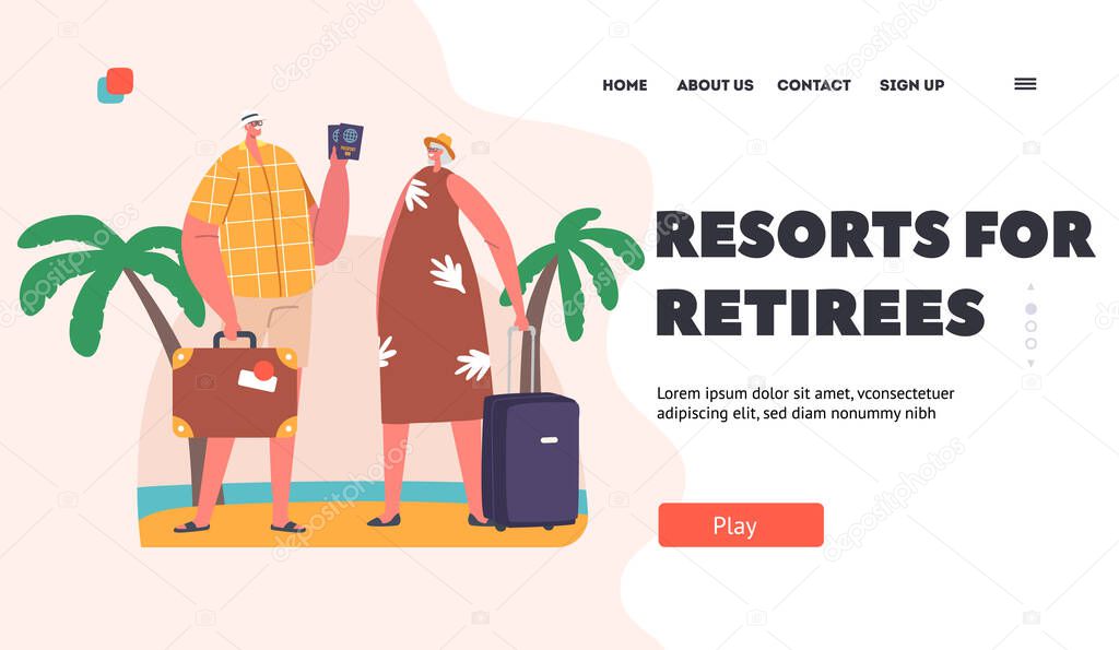 Resorts for Retirees Landing Page Template. Senior Tourists Couple Visiting in Exotic Country. Old Characters Travel