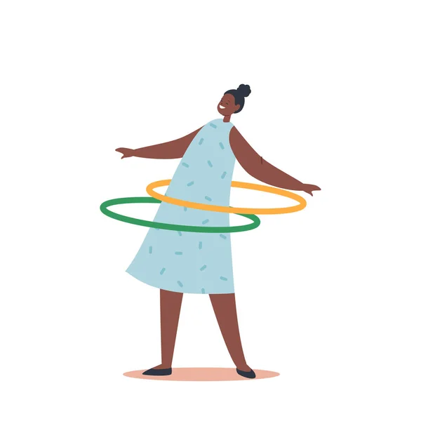 Funny African Girl Playing with Hula Hoop Isolated on White Background. Kid Character Rolling and Spinning Ring — Archivo Imágenes Vectoriales