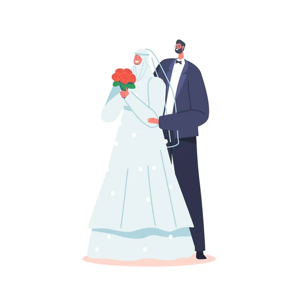 Παραδοσιακό μουσουλμανικό ζευγάρι γαμήλια τελετή, γαμπρός σε κοστούμι και νύφη σε λευκό φόρεμα με Hijab Holding Bouquet — Διανυσματικό Αρχείο