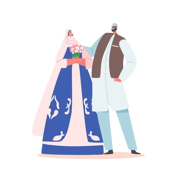 Новоодружений мусульманин чоловік і жінка носять традиційний святковий одяг Щасливий посміхаючись. Пара ісламських шлюбів — стоковий вектор