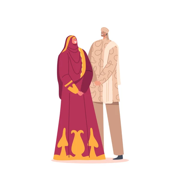 Newlywed Muslim Man and Woman Wear Festive Dresses Celebrate Wedding Ceremony, Groom in Turban and Bride — стоковый вектор