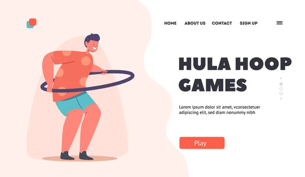 Hula Hoop Games Landing Page Template. Happy Child h Rolling and Spinning Ring around the Waist Funny Kid Hooping — 图库矢量图片