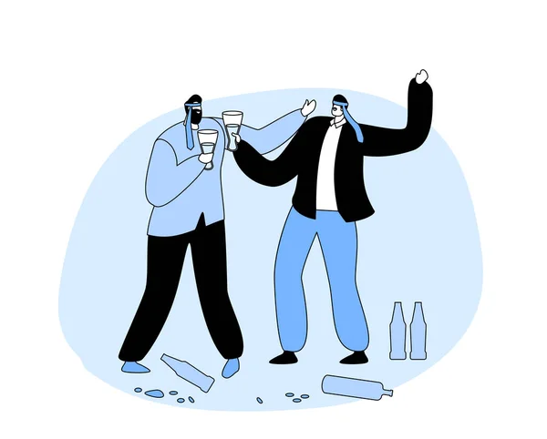 Drunk Male Characters with Tied Bows on Head Drink Alcohol and Singing Songs with Scatter Bottles around — Διανυσματικό Αρχείο