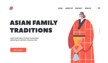 Asya Aile Gelenekleri İniş Sayfası Şablonu. Asyalı Gülümseyen Kadın, Yaşlı Kadın Karakter Doğulu Kimono Giyiyor