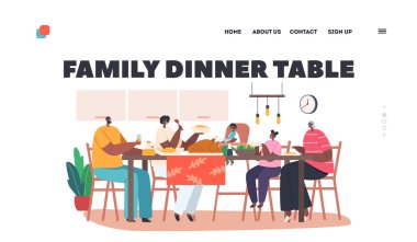 Afrika İnsanları Masa İniş Sayfası Şablonu 'nda Akşam Yemeği. Modern Aile Karakterleri Anne, Baba, Büyükanne ve Çocuklar