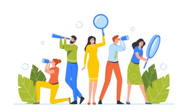 Business Team Male and Female Characters Watching to Spyglass, Binocular or Magnifier Searching for Idea, Recruitment