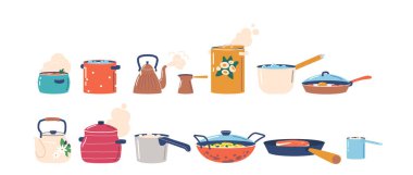 Set of Tableware, Hot Saucepans with Soup or Boiling Water, Kettle or Pot with Tea, Steaming Cook Pans, Frying Pan