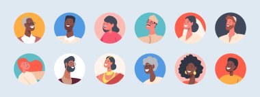 Çeşitli İnsanlar Görseller, Yuvarlak Simgeler. Erkek ve Kadın Karakterler Afrikalı, Hintli, Yahudi, Müslüman veya Kafkasyalı